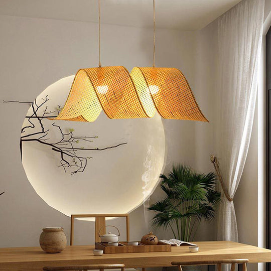 Twisted Bamboo Mesh Pendant Light - Creative Asian Style Beige Suspension Lamp