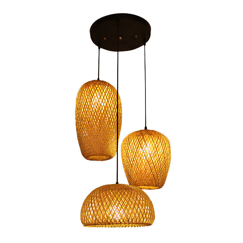 1/3-Bulb Beige Suspension Light with Bamboo Shade - Asian Style, Mixed Shape/Ellipse/Droplet Hanging Pendant, Width Options: 10"/12"/14