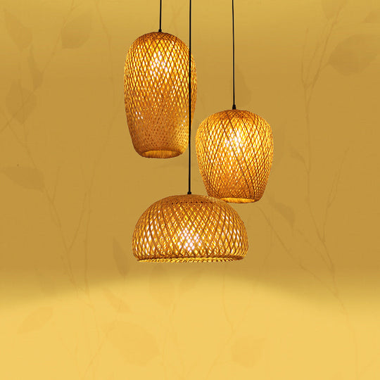 1/3-Bulb Beige Suspension Light with Bamboo Shade - Asian Style, Mixed Shape/Ellipse/Droplet Hanging Pendant, Width Options: 10"/12"/14