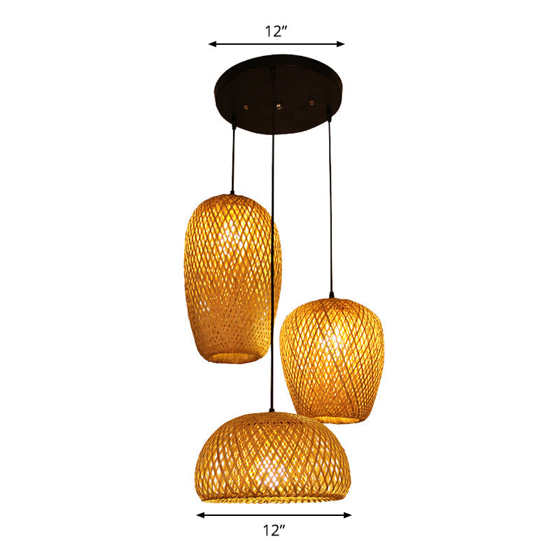 1/3-Bulb Beige Suspension Light with Bamboo Shade - Asian Style, Mixed Shape/Ellipse/Droplet Hanging Pendant, Width Options: 10"/12"/14