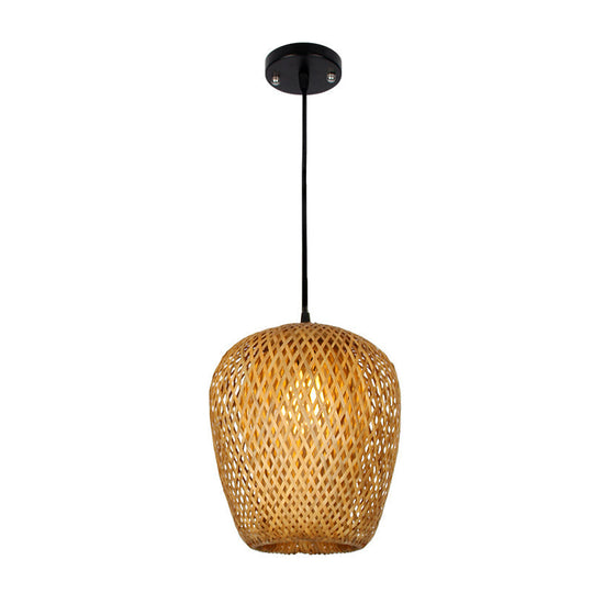 1/3-Bulb Beige Suspension Light with Bamboo Shade - Asian Style, Mixed Shape/Ellipse/Droplet Hanging Pendant, Width Options: 10"/12"/14