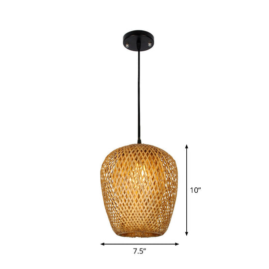 1/3-Bulb Beige Suspension Light with Bamboo Shade - Asian Style, Mixed Shape/Ellipse/Droplet Hanging Pendant, Width Options: 10"/12"/14