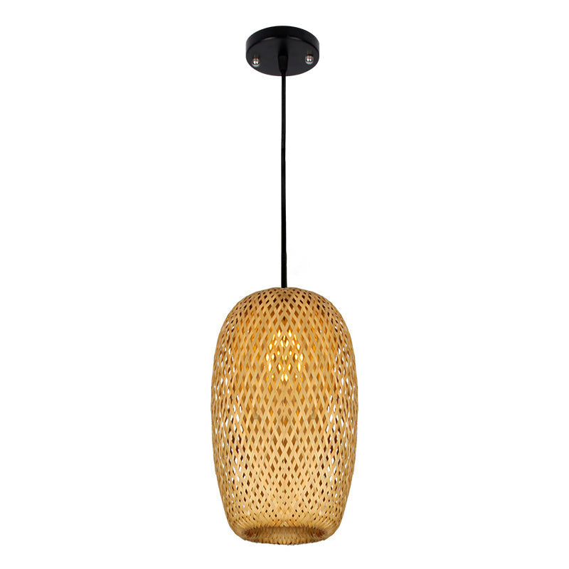 1/3-Bulb Beige Suspension Light with Bamboo Shade - Asian Style, Mixed Shape/Ellipse/Droplet Hanging Pendant, Width Options: 10"/12"/14