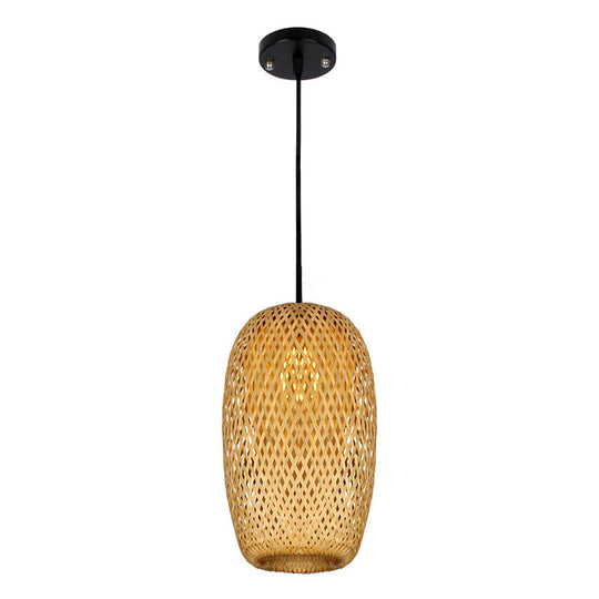 1/3-Bulb Beige Suspension Light with Bamboo Shade - Asian Style, Mixed Shape/Ellipse/Droplet Hanging Pendant, Width Options: 10"/12"/14