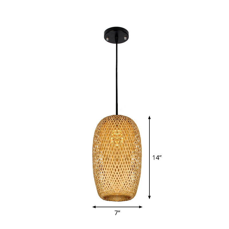 1/3-Bulb Beige Suspension Light with Bamboo Shade - Asian Style, Mixed Shape/Ellipse/Droplet Hanging Pendant, Width Options: 10"/12"/14