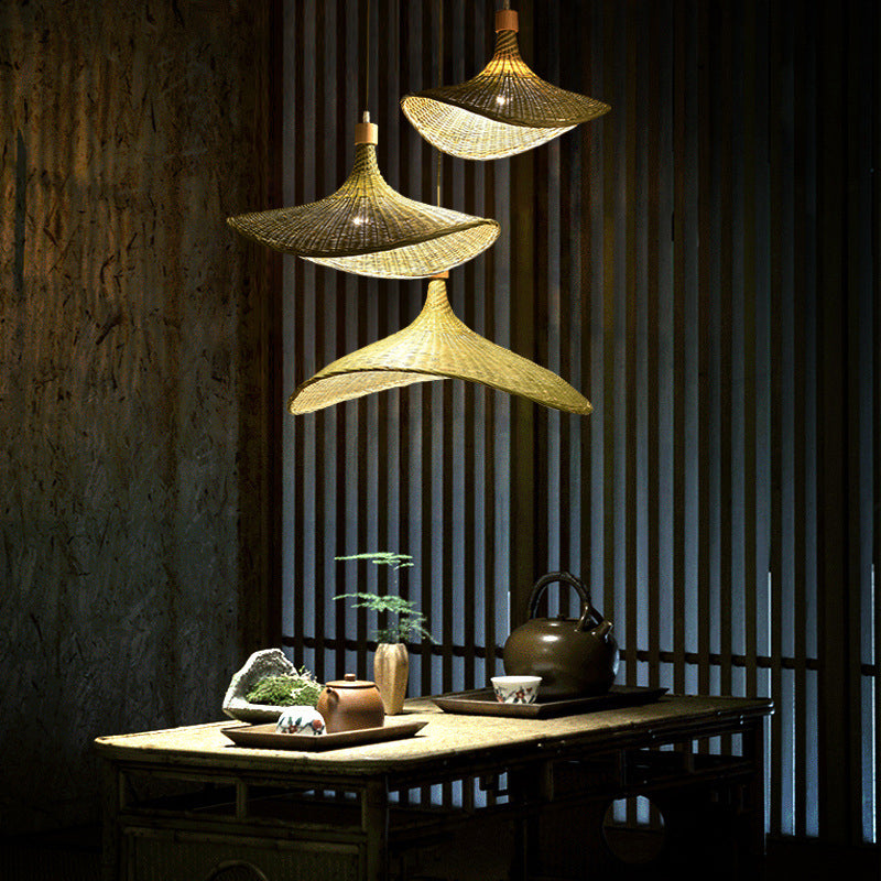 Modern Bamboo Floppy Hat Pendant Lamp - 12.5/17/29 Wide 1/3-Light Beige Hanging Light Fixture For