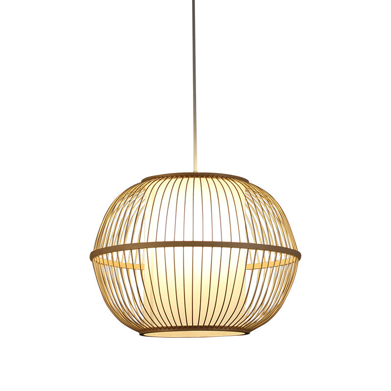 Bamboo Sphere Hanging Lamp with Beige Interior Shade - Asian Style Lighting Fixture