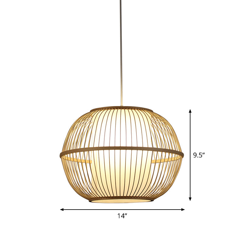 Bamboo Sphere Hanging Lamp with Beige Interior Shade - Asian Style Lighting Fixture