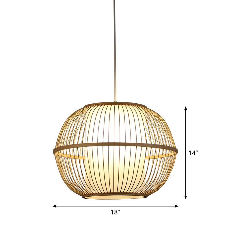 Bamboo Sphere Hanging Lamp with Beige Interior Shade - Asian Style Lighting Fixture