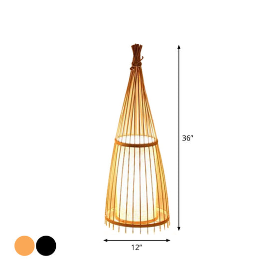 Black/Beige Fish Shaped Floor Lamp: Asia Single-Bulb Bamboo Stand For Living Room 12/15 W