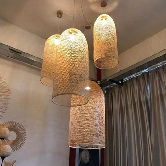 1-Head Asian Beige Bamboo Pendant Light with Bowl/Jar/Cloche Shade - Bistro Pendulum Design