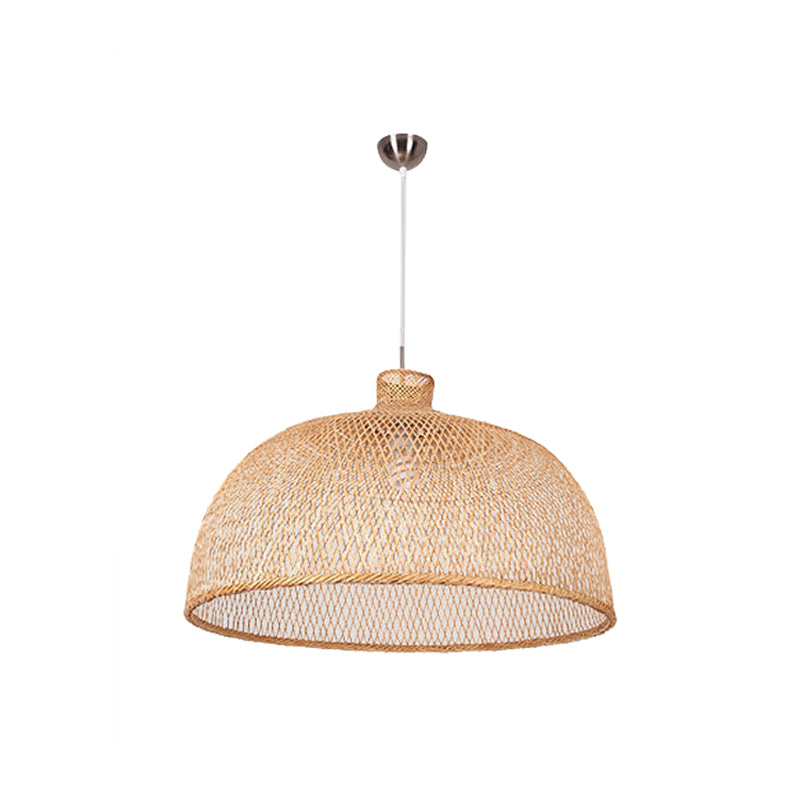 1-Head Asian Beige Bamboo Pendant Light with Bowl/Jar/Cloche Shade - Bistro Pendulum Design