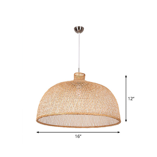 1-Head Asian Beige Bamboo Pendant Light with Bowl/Jar/Cloche Shade - Bistro Pendulum Design