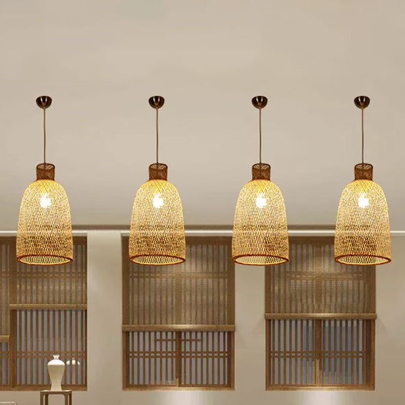 1-Head Asian Beige Bamboo Pendant Light with Bowl/Jar/Cloche Shade - Bistro Pendulum Design