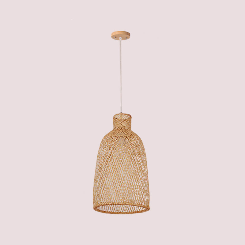 1-Head Asian Beige Bamboo Pendant Light with Bowl/Jar/Cloche Shade - Bistro Pendulum Design