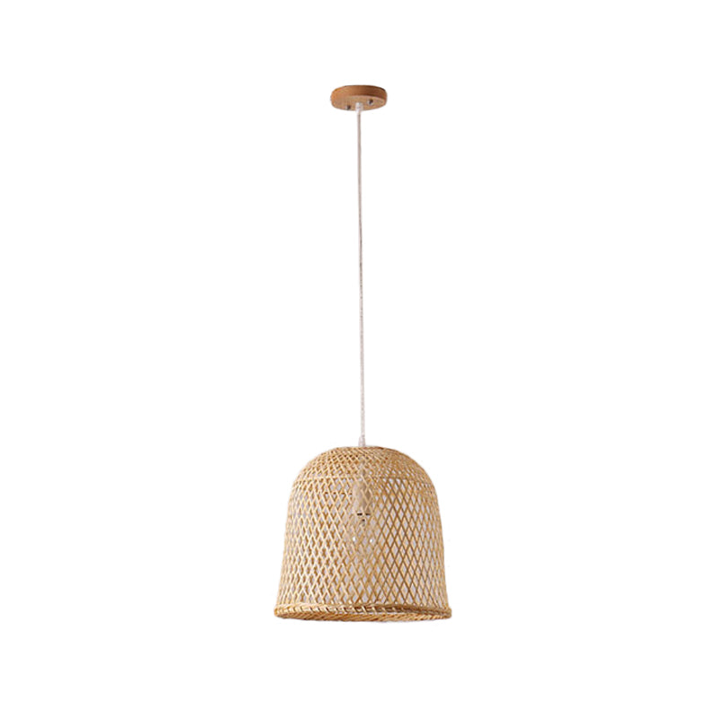 1-Head Asian Beige Bamboo Pendant Light with Bowl/Jar/Cloche Shade - Bistro Pendulum Design