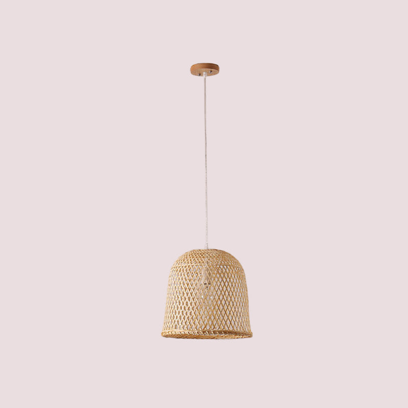 1-Head Asian Beige Bamboo Pendant Light with Bowl/Jar/Cloche Shade - Bistro Pendulum Design