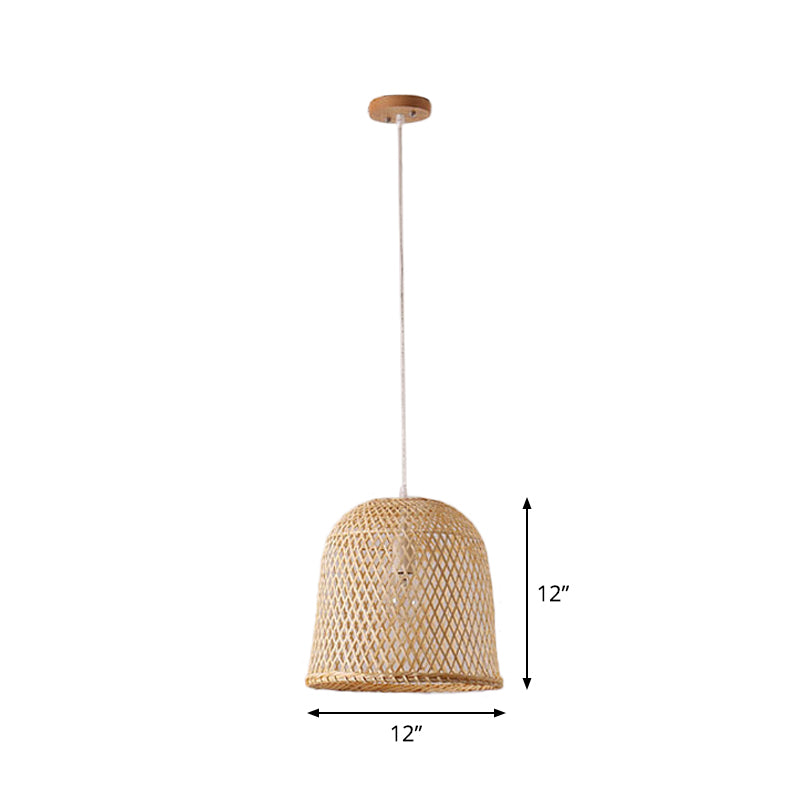 1-Head Asian Beige Bamboo Pendant Light with Bowl/Jar/Cloche Shade - Bistro Pendulum Design