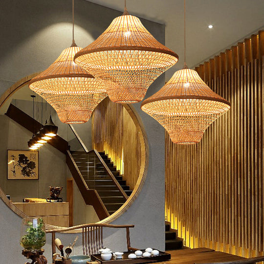 Asian Style Beige Diamond/Bell/Onion Drop Pendant Hanging Light Fixture With Bamboo Accent - Tearoom