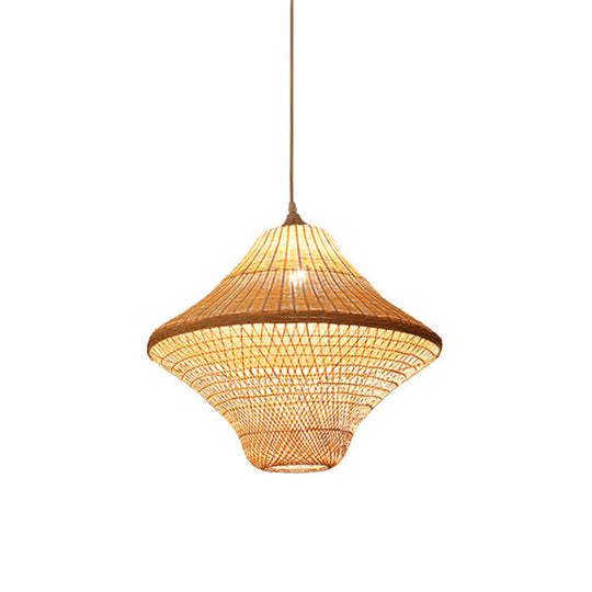 Asian Style Beige Diamond/Bell/Onion Drop Pendant Hanging Light Fixture With Bamboo Accent - Tearoom