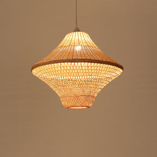 Asian Style Beige Diamond/Bell/Onion Drop Pendant Hanging Light Fixture With Bamboo Accent - Tearoom