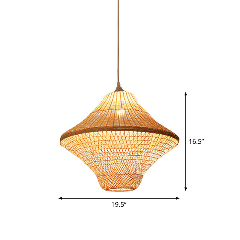 Asian Style Beige Diamond/Bell/Onion Drop Pendant Hanging Light Fixture With Bamboo Accent - Tearoom