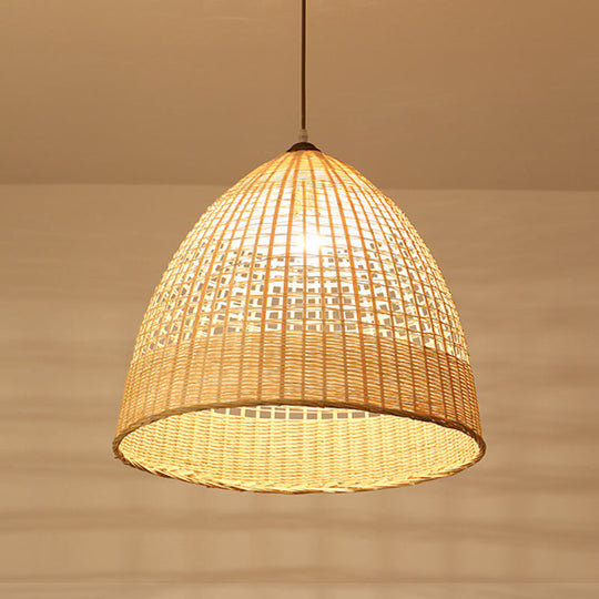 Asian Style Beige Diamond/Bell/Onion Drop Pendant Hanging Light Fixture With Bamboo Accent - Tearoom