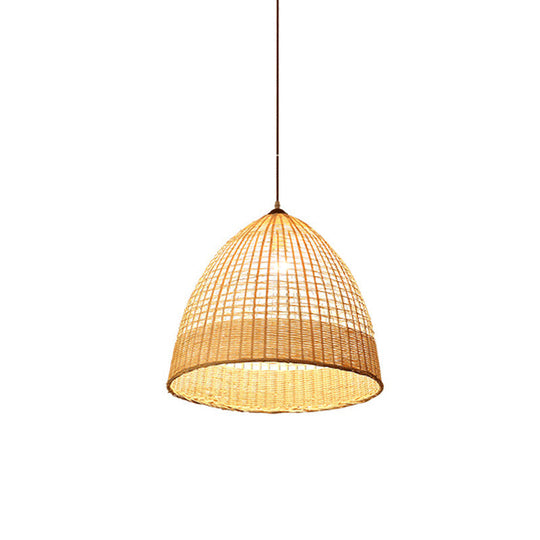 Asian Style Beige Diamond/Bell/Onion Drop Pendant Hanging Light Fixture With Bamboo Accent - Tearoom