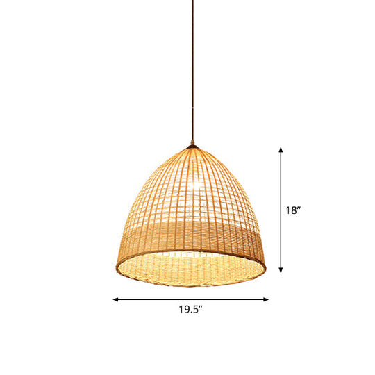 Asian Style Beige Diamond/Bell/Onion Drop Pendant Hanging Light Fixture With Bamboo Accent - Tearoom