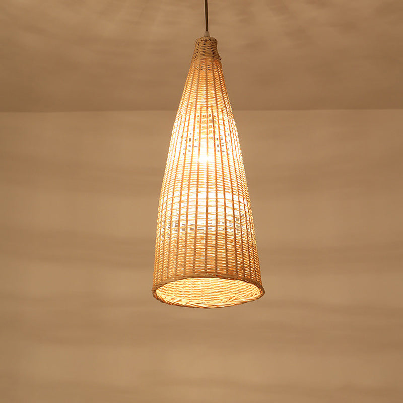 Asian Style Beige Diamond/Bell/Onion Drop Pendant Hanging Light Fixture With Bamboo Accent - Tearoom