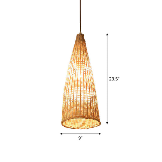 Asian Style Beige Diamond/Bell/Onion Drop Pendant Hanging Light Fixture With Bamboo Accent - Tearoom