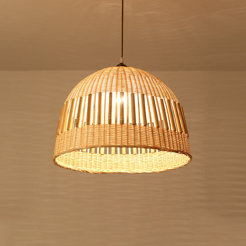 Asian Style Beige Diamond/Bell/Onion Drop Pendant Hanging Light Fixture With Bamboo Accent - Tearoom