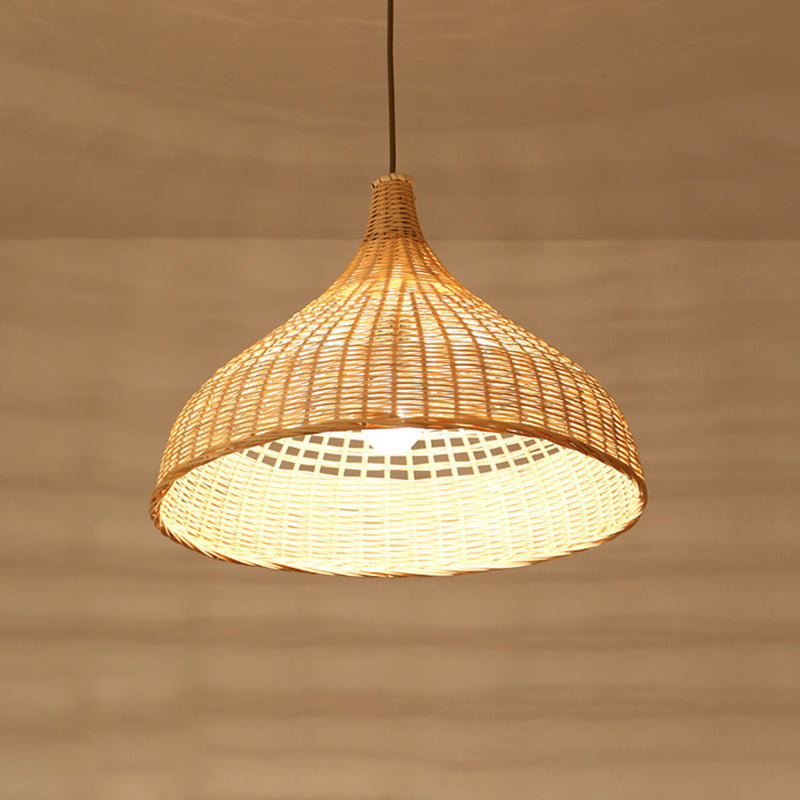 Asian Style Beige Diamond/Bell/Onion Drop Pendant Hanging Light Fixture With Bamboo Accent - Tearoom