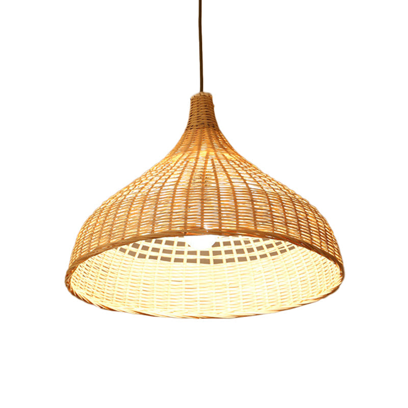 Asian Style Beige Diamond/Bell/Onion Drop Pendant Hanging Light Fixture With Bamboo Accent - Tearoom