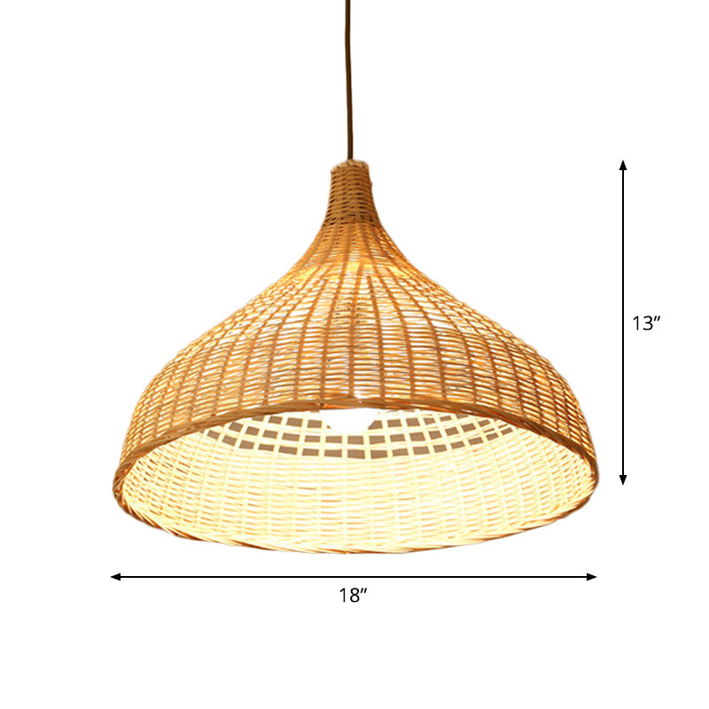 Asian Style Beige Diamond/Bell/Onion Drop Pendant Hanging Light Fixture With Bamboo Accent - Tearoom