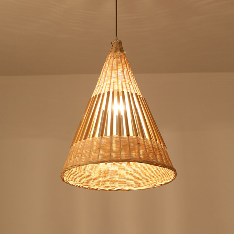 Asian Style Beige Diamond/Bell/Onion Drop Pendant Hanging Light Fixture With Bamboo Accent - Tearoom