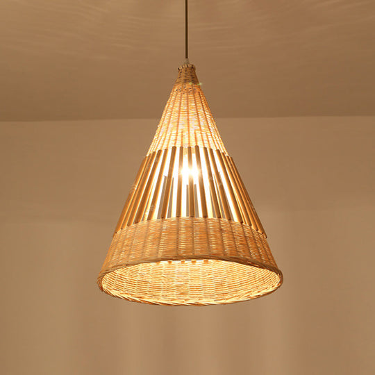 Asian Style Beige Diamond/Bell/Onion Drop Pendant Hanging Light Fixture With Bamboo Accent - Tearoom