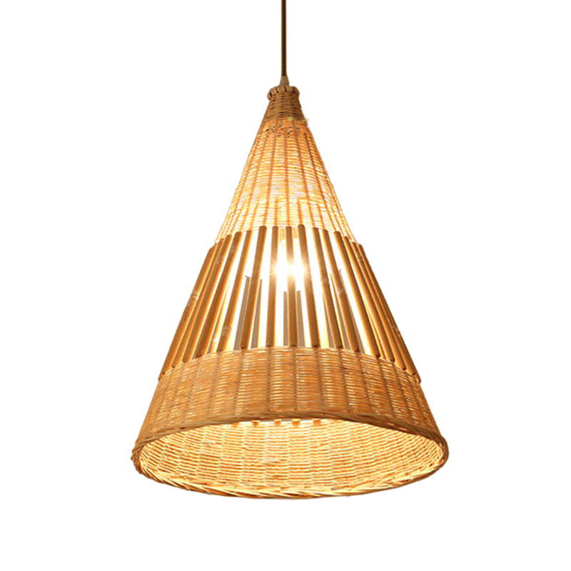 Asian Style Beige Diamond/Bell/Onion Drop Pendant Hanging Light Fixture With Bamboo Accent - Tearoom