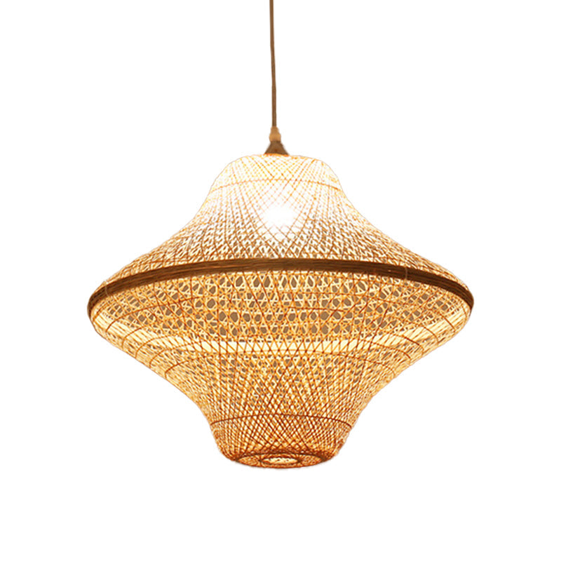 Asian Style Beige Diamond/Bell/Onion Drop Pendant Hanging Light Fixture With Bamboo Accent - Tearoom