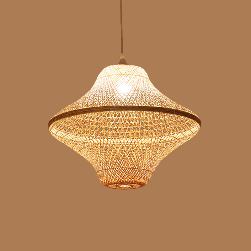 Asian Style Beige Diamond/Bell/Onion Drop Pendant Hanging Light Fixture With Bamboo Accent - Tearoom