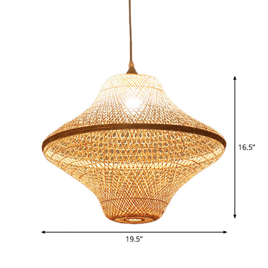 Asian Style Beige Diamond/Bell/Onion Drop Pendant Hanging Light Fixture With Bamboo Accent - Tearoom