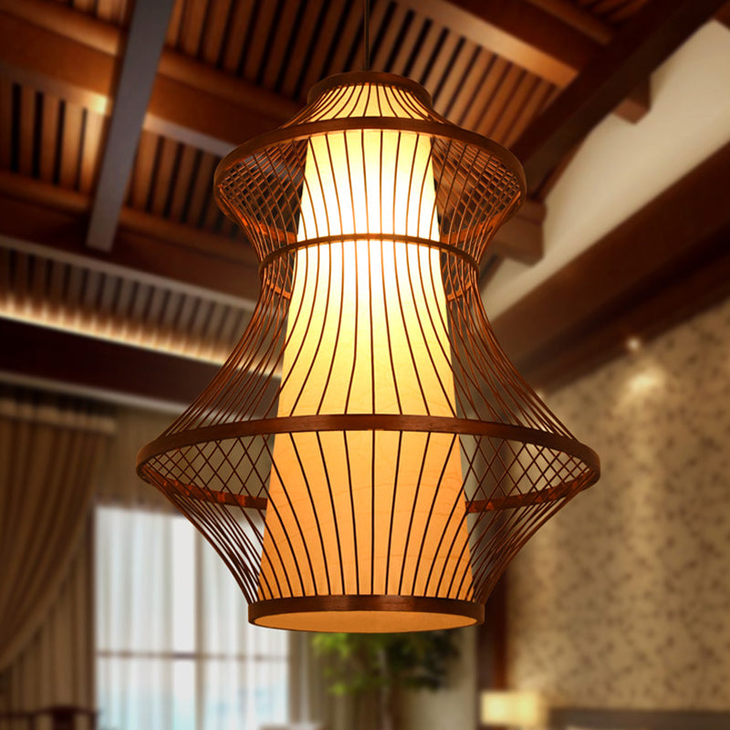 1-Bulb Asian Brown Bistro Pendant Light Kit With Urn Bamboo Shade (16/19.5/23.5 W)