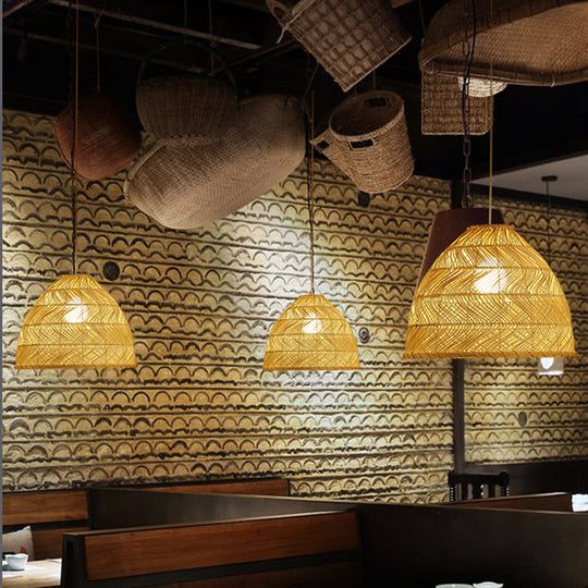 Asian Bamboo Bell Shade Pendant Light Fixture - Wide 16"/19.5"/23.5" - Beige