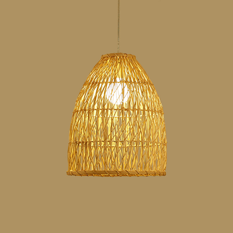 Asian Bamboo Bell Shade Pendant Light Fixture - Wide 16"/19.5"/23.5" - Beige