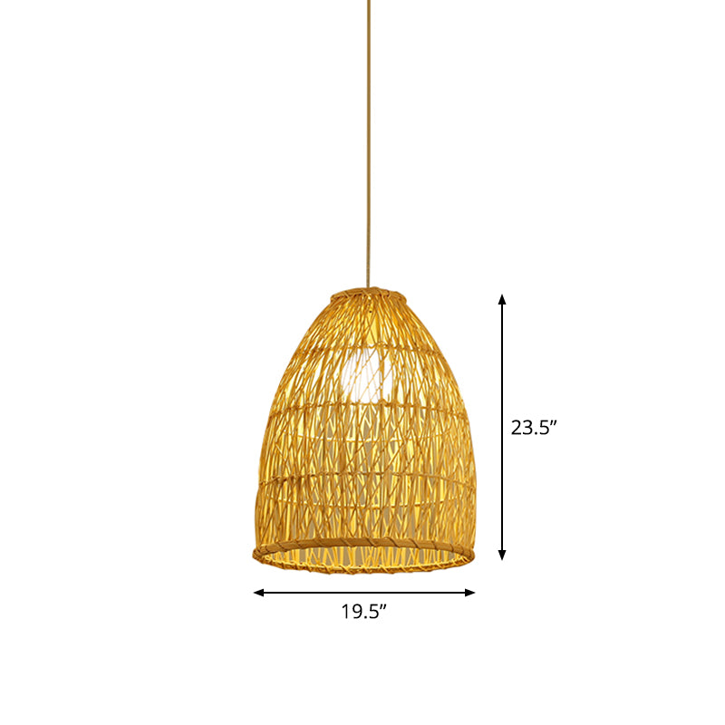 Asian Bamboo Bell Shade Pendant Light Fixture - Wide 16"/19.5"/23.5" - Beige