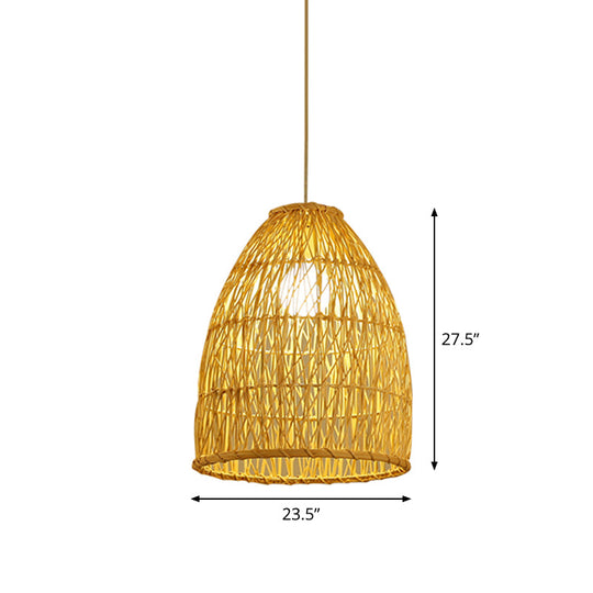 Asian Bamboo Bell Shade Pendant Light Fixture - Wide 16"/19.5"/23.5" - Beige