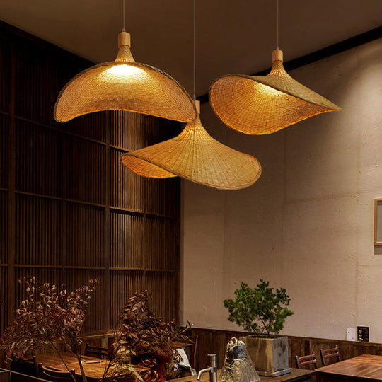 Bamboo Braided Asian Style Pendant Light - Beige 1-Light Suspension Lamp for Table - 19.5"/23.5" W