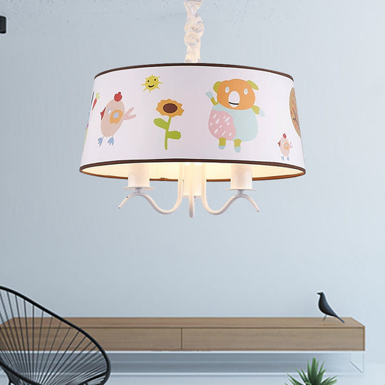 Kid-Friendly White Fabric Drum Chandelier With Cute Animal Pendant Light