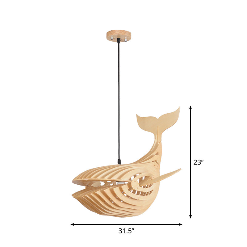 Wooden Kids Whale Pendant Lamp - Modern Hanging Light in Beige, 21.5"/31.5"/39" Wide