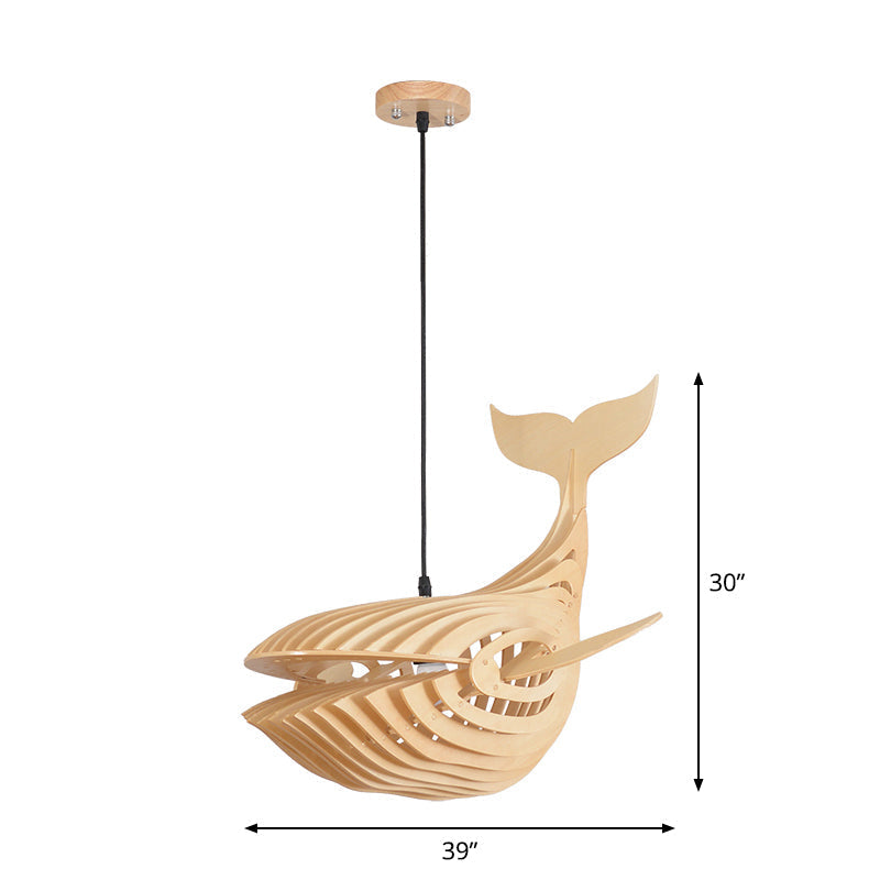 Wooden Kids Whale Pendant Lamp - Modern Hanging Light in Beige, 21.5"/31.5"/39" Wide